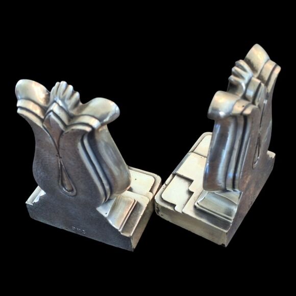 Harp Lyre Heavy Metal Art Deco Bookends Silver Toned Vintage PMC Made in USA - Picture 3 of 16